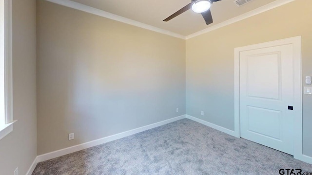 19346 Aida Dr, Flint, TX 75762 - empty room featuring ceiling fan, carpet flooring, and crown molding