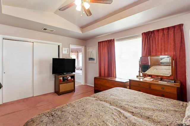 15541 Precidio Cir, Malakoff, TX 75148 - bedroom featuring carpet, lofted ceiling, multiple windows, a closet, and ceiling fan