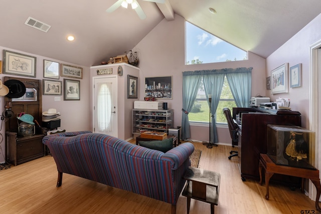 15541 Precidio Cir, Malakoff, TX 75148 - living room featuring light wood-style floors, ceiling fan, beamed ceiling, high vaulted ceiling, and recessed lighting