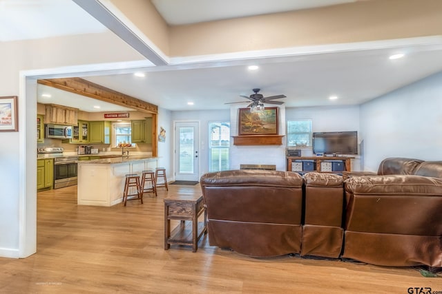 living room featuring ceiling fan and light wood-type flooring