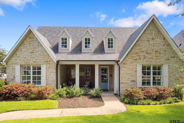 new england style home with a porch and a front yard