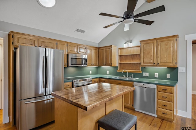 kitchen with stainless steel appliances, a kitchen island, a sink, visible vents, and light wood finished floors