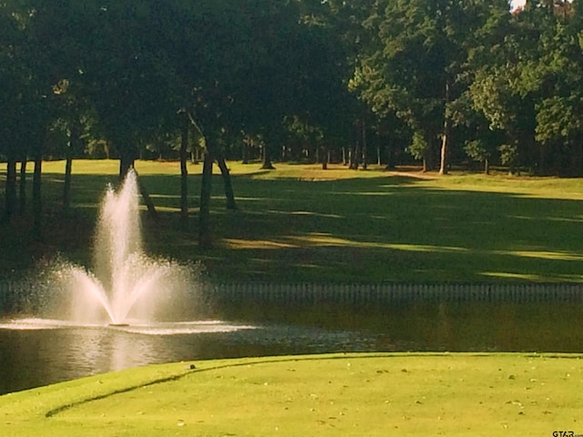 surrounding community with a water view and a lawn