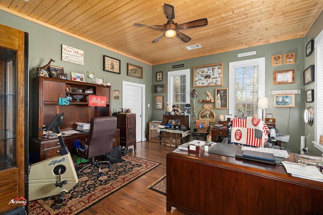 office area with visible vents, wood finished floors, wooden ceiling, crown molding, and ceiling fan