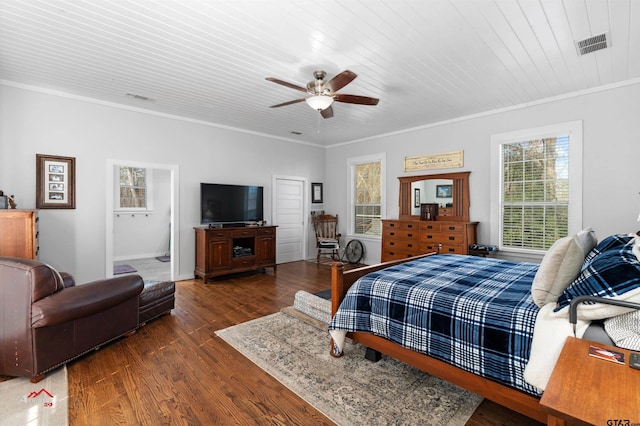 bedroom with crown molding, wood finished floors, visible vents, and wooden ceiling