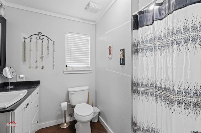 full bathroom featuring vanity, baseboards, visible vents, tile patterned floors, and toilet