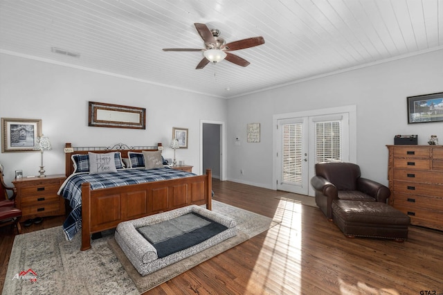 bedroom featuring wood finished floors, visible vents, ornamental molding, access to exterior, and french doors