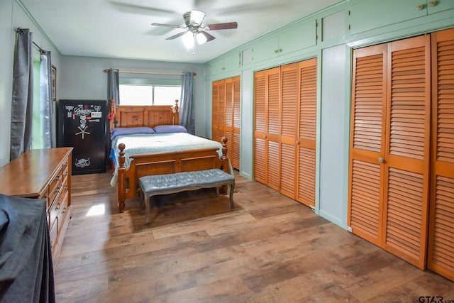 bedroom with ceiling fan, two closets, light hardwood / wood-style floors, and crown molding