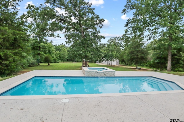 22302 County Road 422, Lindale, TX 75771 - swimming pool with an in-ground hot tub, a yard, view of scattered trees, an outbuilding, and a patio