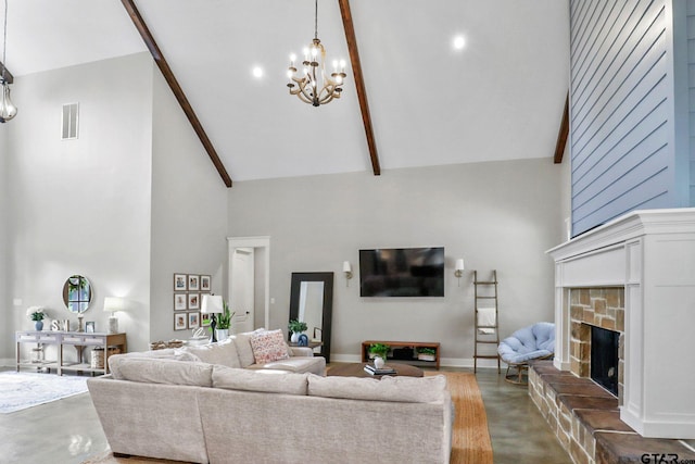 22302 County Road 422, Lindale, TX 75771 - living area featuring high vaulted ceiling, a fireplace, a chandelier, and beam ceiling