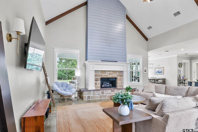 22302 County Road 422, Lindale, TX 75771 - living room featuring high vaulted ceiling and a stone fireplace