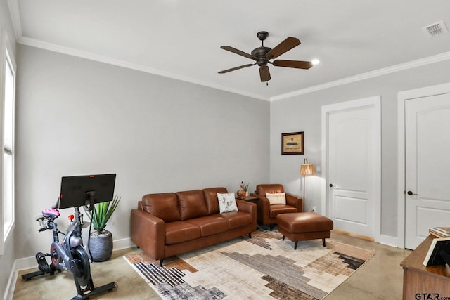 22302 County Road 422, Lindale, TX 75771 - living room featuring ceiling fan, crown molding, concrete flooring, and recessed lighting