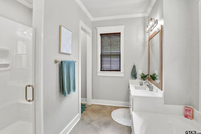 22302 County Road 422, Lindale, TX 75771 - bathroom with vanity, a shower stall, a bath, crown molding, and concrete floors