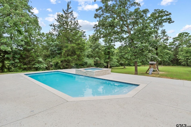 22302 County Road 422, Lindale, TX 75771 - swimming pool featuring an in-ground hot tub, a yard, a patio, and a playground