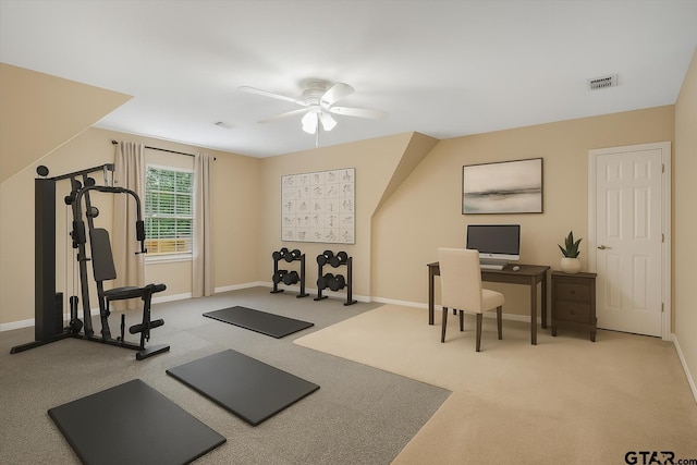 5405 Ashbury Ct, Tyler, TX 75703 - workout area featuring a ceiling fan and carpet floors