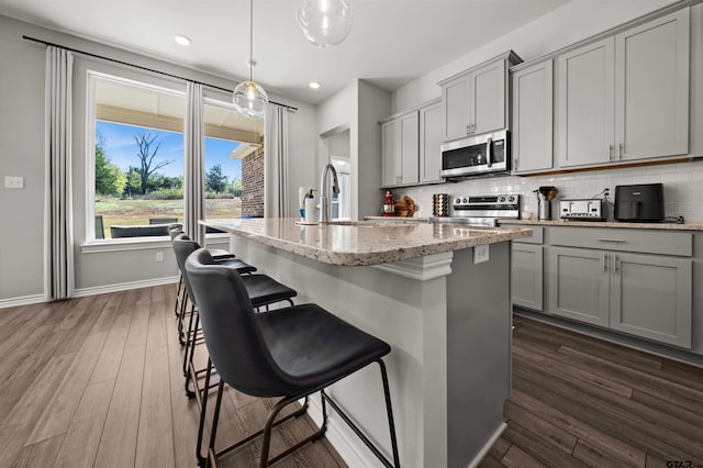 kitchen featuring gray cabinetry, dark wood-type flooring, and appliances with stainless steel finishes