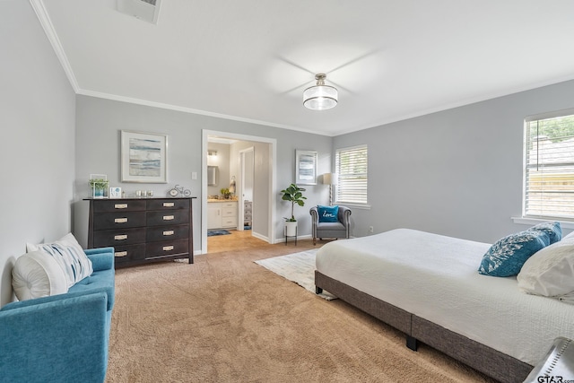 7411 Hollyoak Dr, Tyler, TX 75703 - bedroom with crown molding, light colored carpet, and connected bathroom