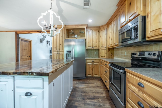 5646 Fm 346, Tyler, TX 75703 - kitchen with open shelves, visible vents, appliances with stainless steel finishes, decorative backsplash, and a notable chandelier