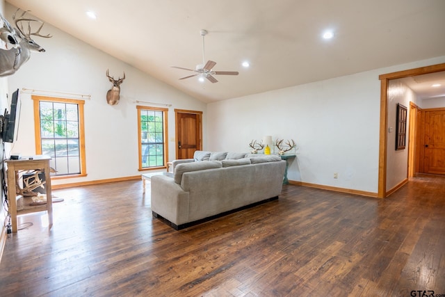 5646 Fm 346, Tyler, TX 75703 - living room featuring dark wood finished floors, a ceiling fan, vaulted ceiling, recessed lighting, and baseboards