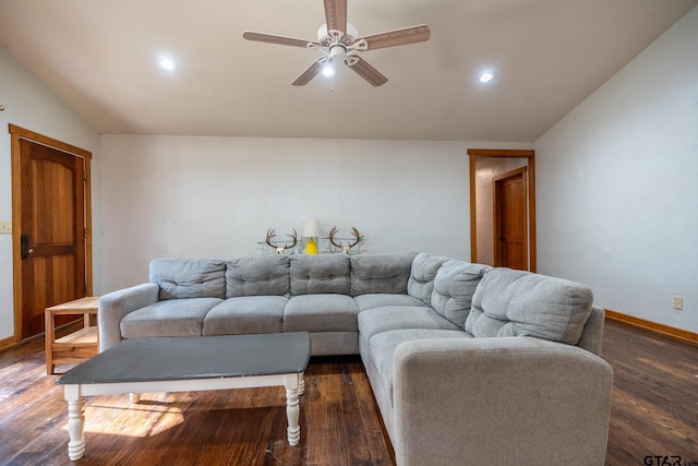 5646 Fm 346, Tyler, TX 75703 - living area featuring baseboards, ceiling fan, dark wood finished floors, recessed lighting, and lofted ceiling