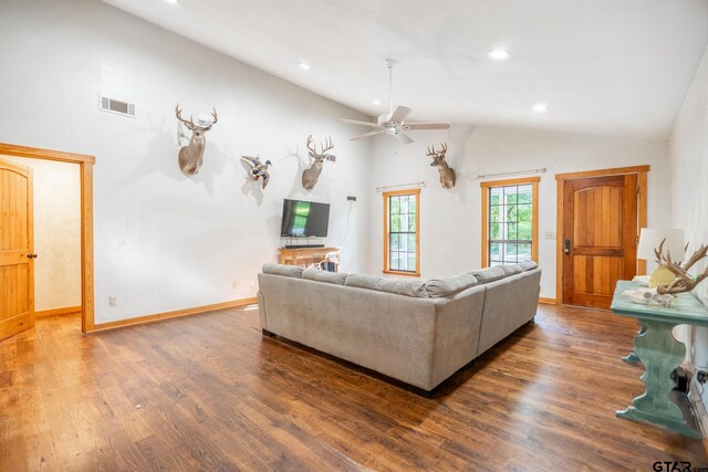 5646 Fm 346, Tyler, TX 75703 - living room featuring high vaulted ceiling, ceiling fan, visible vents, recessed lighting, and wood finished floors
