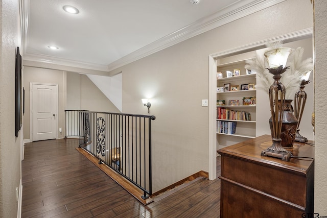 5875 Stonegate Trl, Tyler, TX 75703 - hall featuring ornamental molding, dark wood-style flooring, baseboards, and recessed lighting