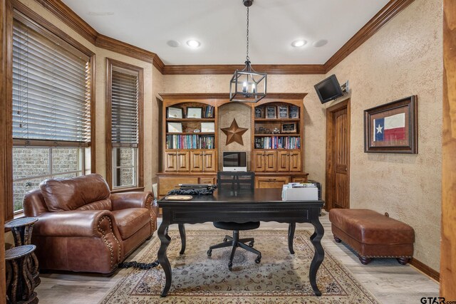 5875 Stonegate Trl, Tyler, TX 75703 - office with a textured wall, light wood-style flooring, ornamental molding, and baseboards