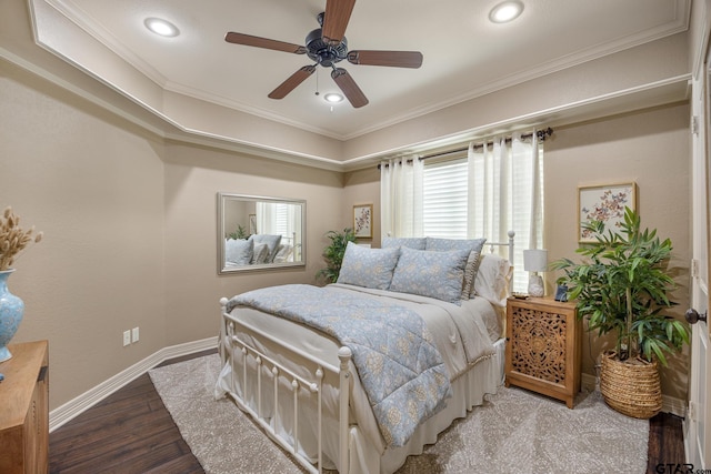 5875 Stonegate Trl, Tyler, TX 75703 - bedroom featuring crown molding, wood finished floors, baseboards, recessed lighting, and ceiling fan