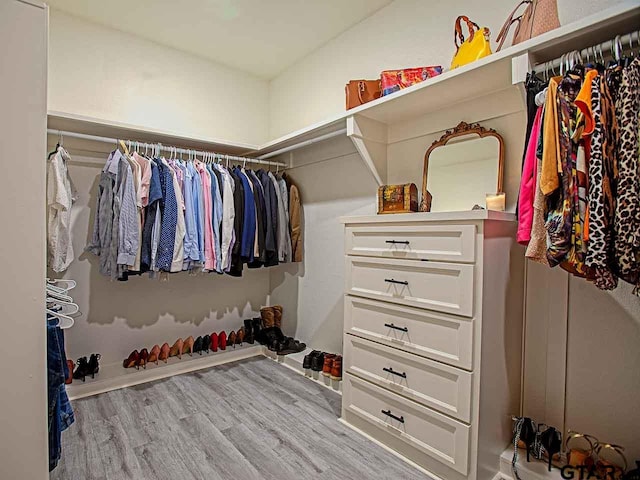 walk in closet with light wood-type flooring