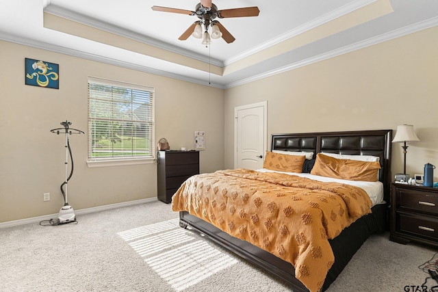 1516 Chaparrel Run, Tyler, TX 75703 - carpeted bedroom with a raised ceiling, ornamental molding, baseboards, and a ceiling fan