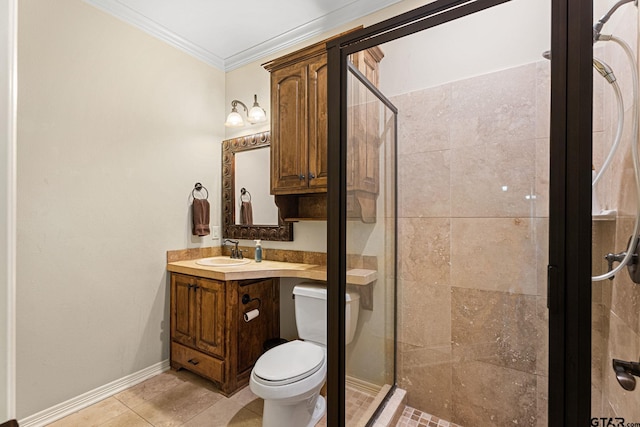 1516 Chaparrel Run, Tyler, TX 75703 - bathroom featuring a stall shower, crown molding, vanity, toilet, and baseboards