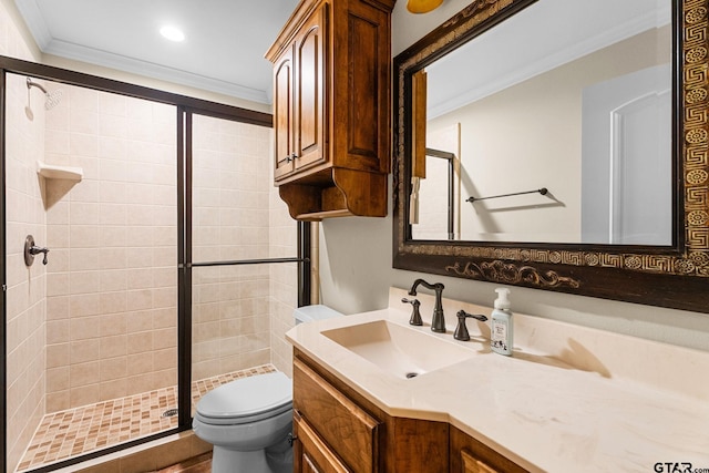 1516 Chaparrel Run, Tyler, TX 75703 - full bath featuring a shower stall, crown molding, toilet, vanity, and recessed lighting