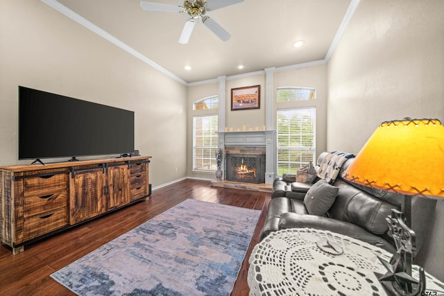 1408 Santa Fe Trl, Tyler, TX 75703 - living room with crown molding, hardwood / wood-style floors, ceiling fan, a lit fireplace, and baseboards