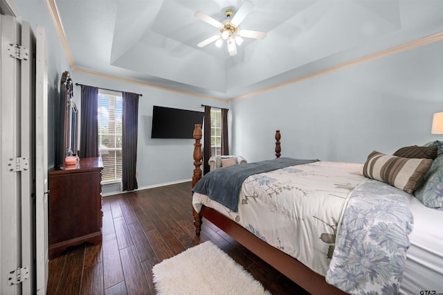 1408 Santa Fe Trl, Tyler, TX 75703 - bedroom featuring a raised ceiling, wood-type flooring, baseboards, crown molding, and ceiling fan