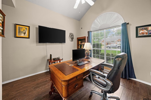 1408 Santa Fe Trl, Tyler, TX 75703 - office featuring a ceiling fan, wood finished floors, baseboards, and high vaulted ceiling