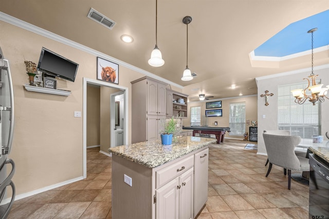 1408 Santa Fe Trl, Tyler, TX 75703 - kitchen with ornamental molding, open shelves, black dishwasher, a kitchen island, and billiards table