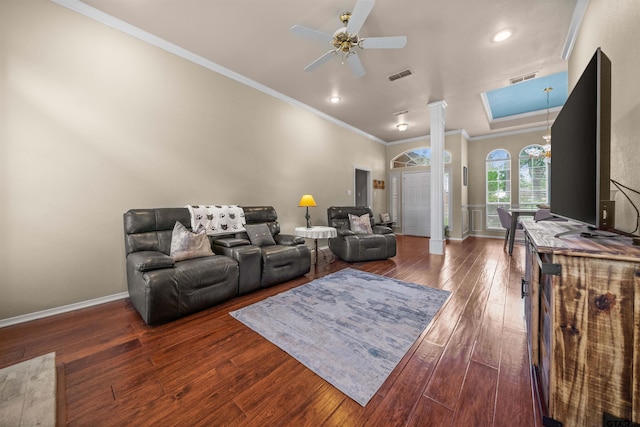 1408 Santa Fe Trl, Tyler, TX 75703 - living room featuring ornamental molding, hardwood / wood-style flooring, decorative columns, a ceiling fan, and baseboards