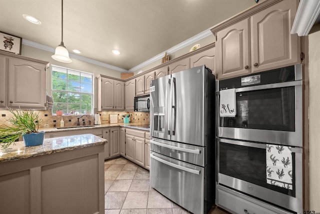 1408 Santa Fe Trl, Tyler, TX 75703 - kitchen featuring black appliances, a sink, decorative backsplash, decorative light fixtures, and light stone countertops