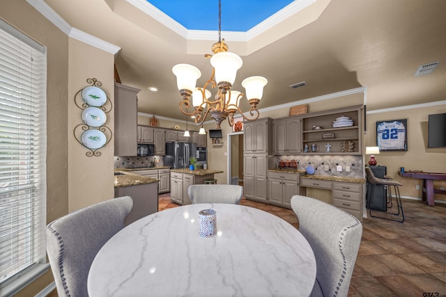 1408 Santa Fe Trl, Tyler, TX 75703 - dining room featuring a chandelier, crown molding, baseboards, and a tray ceiling
