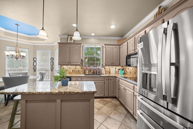 1408 Santa Fe Trl, Tyler, TX 75703 - kitchen with black appliances, crown molding, a sink, decorative backsplash, and a chandelier