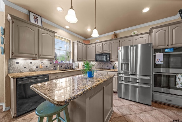 1408 Santa Fe Trl, Tyler, TX 75703 - kitchen with black appliances, a sink, decorative backsplash, crown molding, and light stone countertops