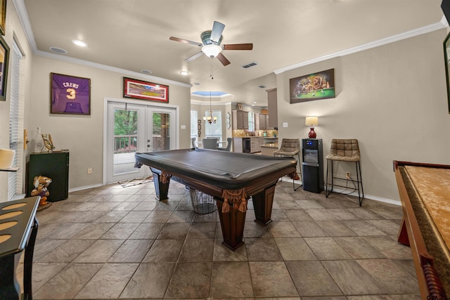 1408 Santa Fe Trl, Tyler, TX 75703 - rec room featuring baseboards, french doors, a ceiling fan, crown molding, and pool table