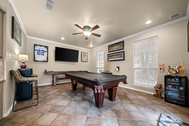 1408 Santa Fe Trl, Tyler, TX 75703 - recreation room with beverage cooler, baseboards, a ceiling fan, crown molding, and billiards table