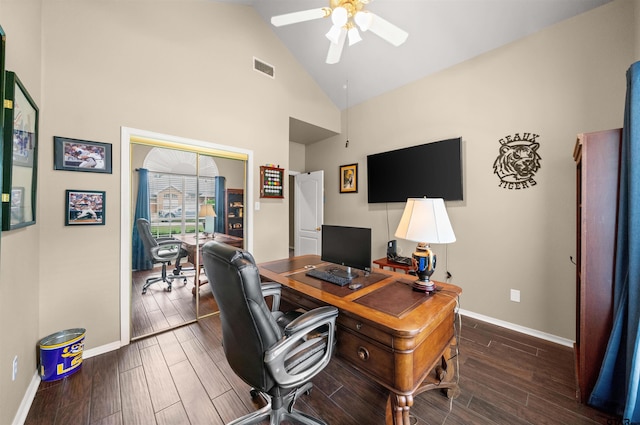 1408 Santa Fe Trl, Tyler, TX 75703 - office area with ceiling fan, wood finished floors, baseboards, and high vaulted ceiling