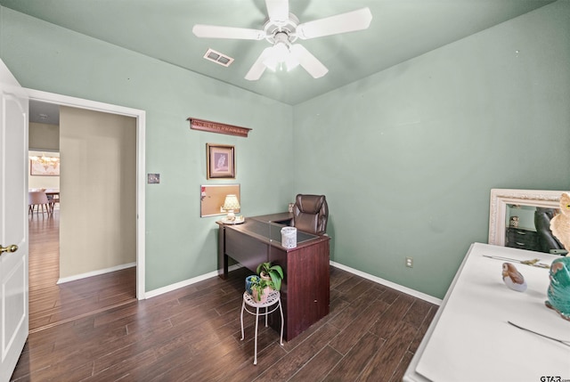 1408 Santa Fe Trl, Tyler, TX 75703 - office area with wood finished floors, a ceiling fan, baseboards, and vaulted ceiling