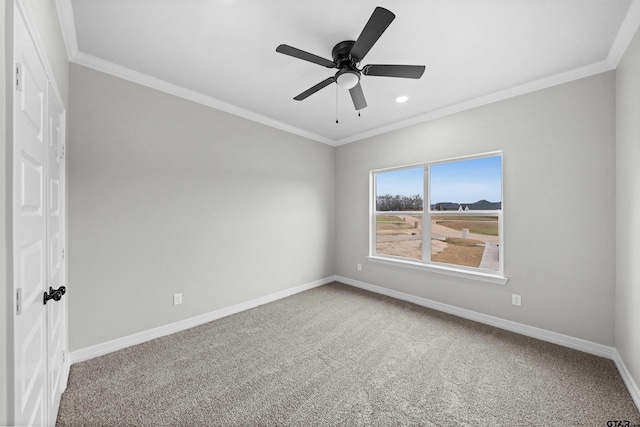 unfurnished room featuring carpet, ceiling fan, and ornamental molding