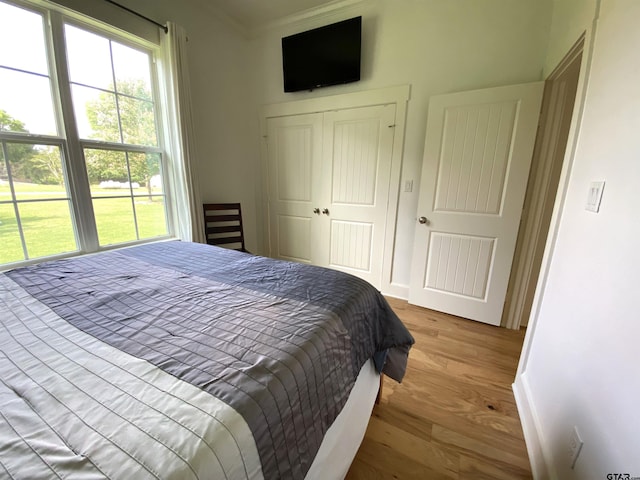 bedroom with a closet, light wood-type flooring, and crown molding