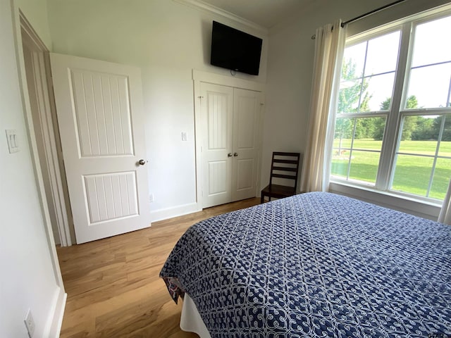 bedroom featuring hardwood / wood-style floors and crown molding