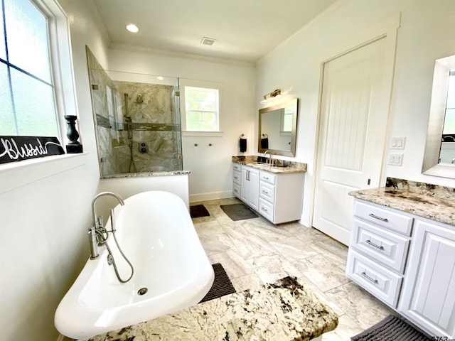 bathroom with vanity, plus walk in shower, and ornamental molding