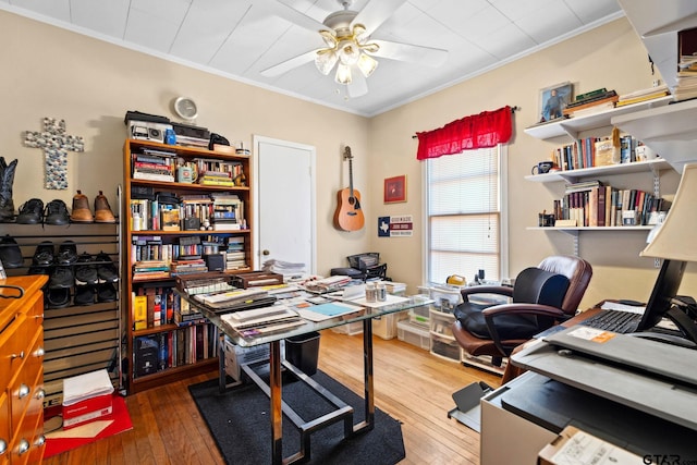 home office featuring crown molding, ceiling fan, and wood-type flooring